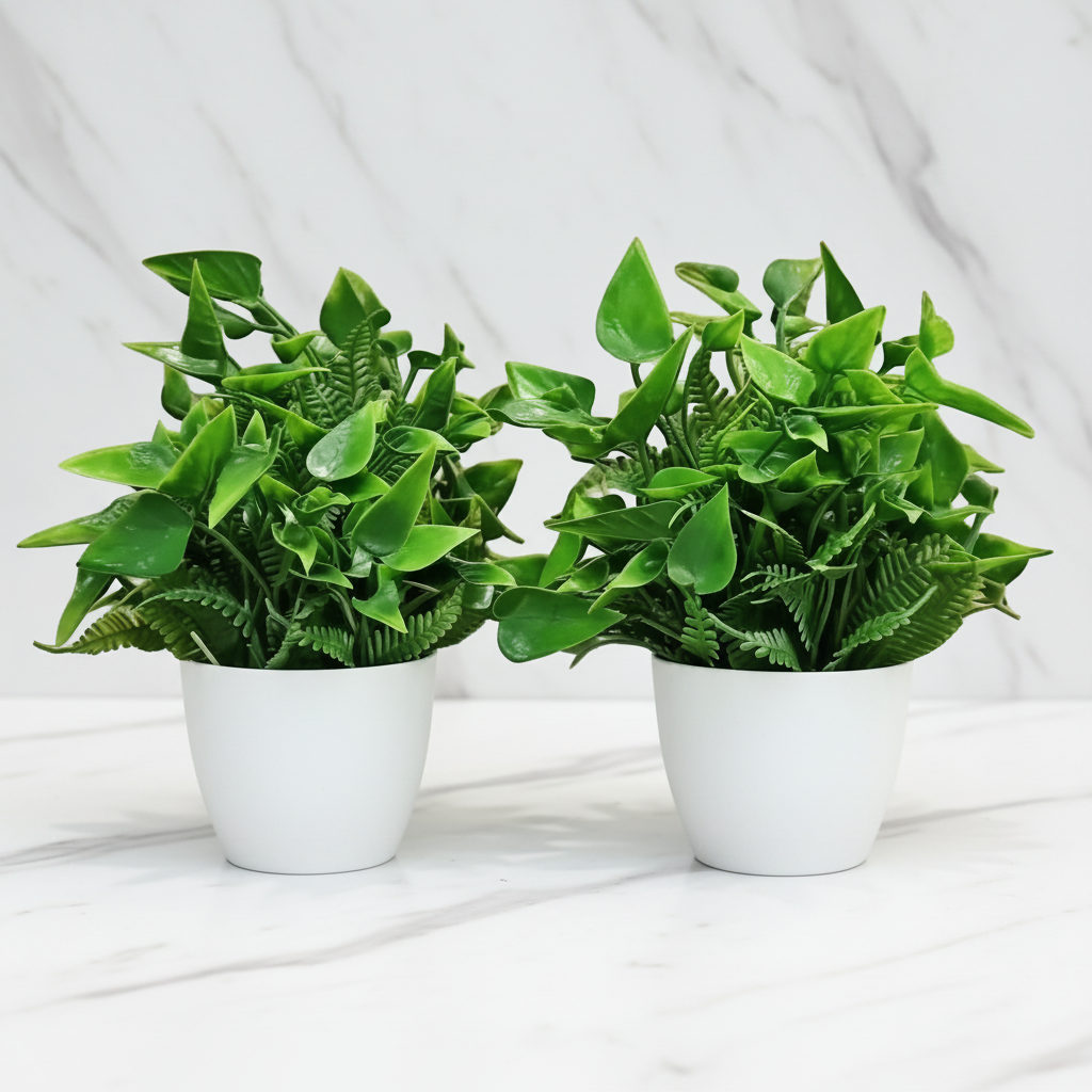 Premium Artificial Green Bonsai Plants with White Plastic Pot (Set of 2)