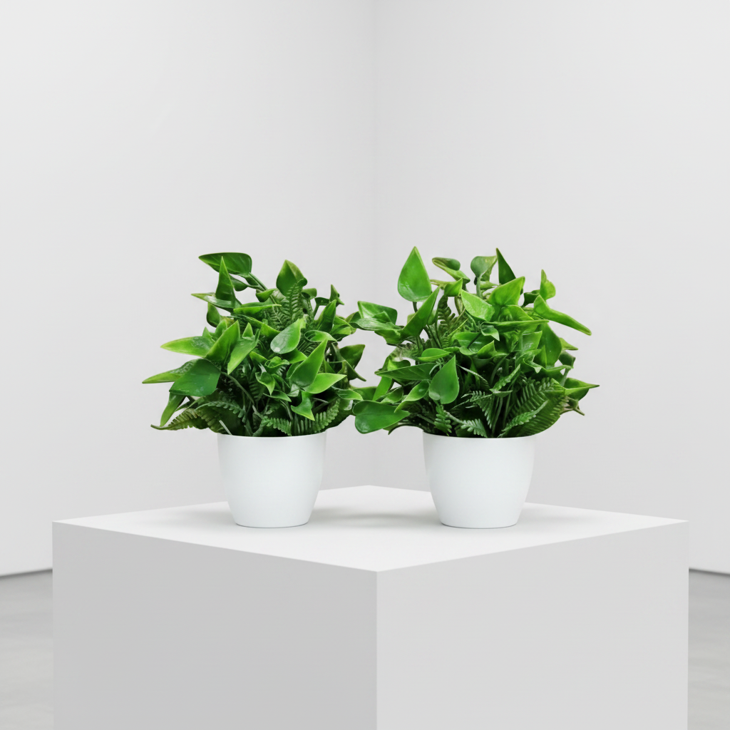 Premium Artificial Green Bonsai Plants with White Plastic Pot (Set of 2)
