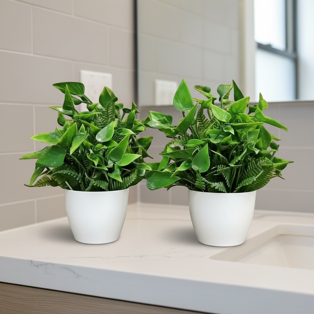 Premium Artificial Green Bonsai Plants with White Plastic Pot (Set of 2)