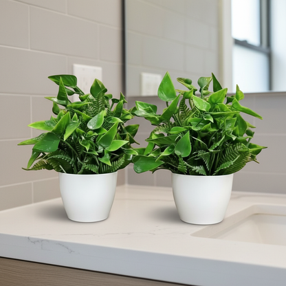 Premium Artificial Green Bonsai Plants with White Plastic Pot (Set of 2)