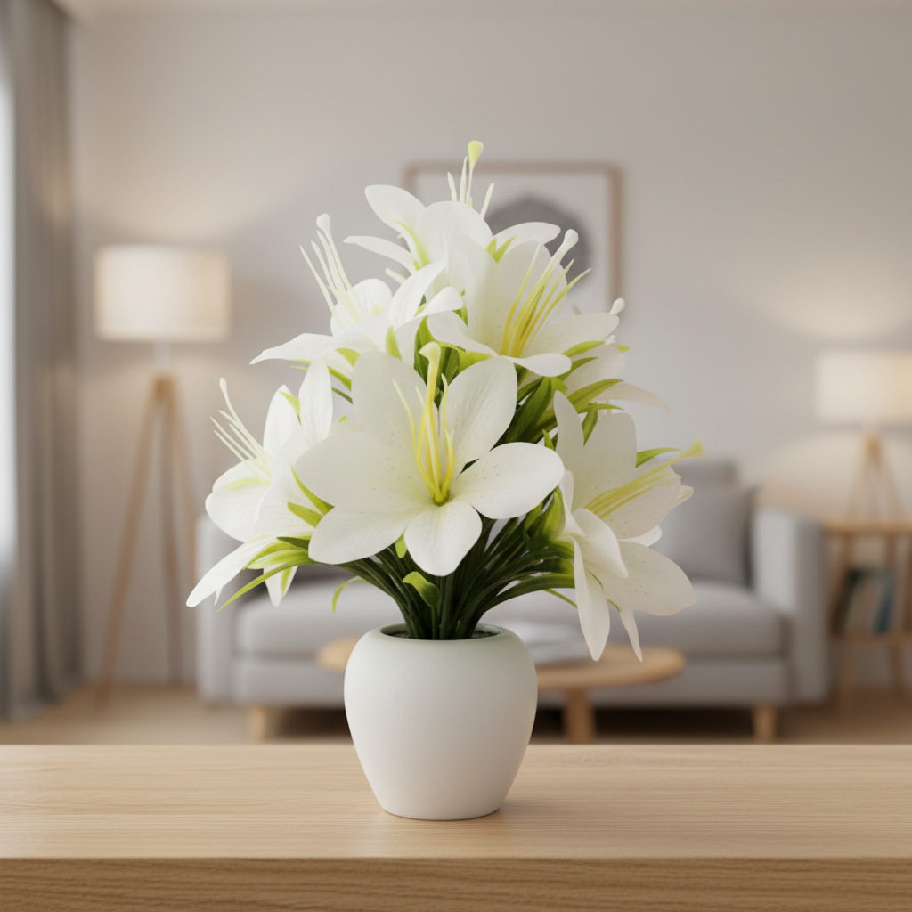 Artificial Lily Plant in White Round Vase - Maintenance-Free Lifelike Silk Flowers for Living Room Decor