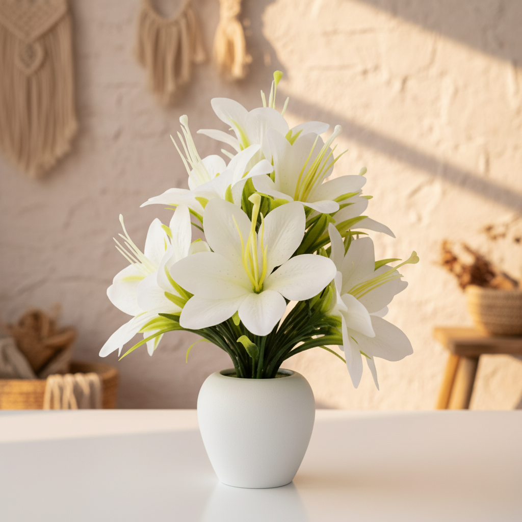 Artificial Lily Plant in White Round Vase - Maintenance-Free Lifelike Silk Flowers for Living Room Decor
