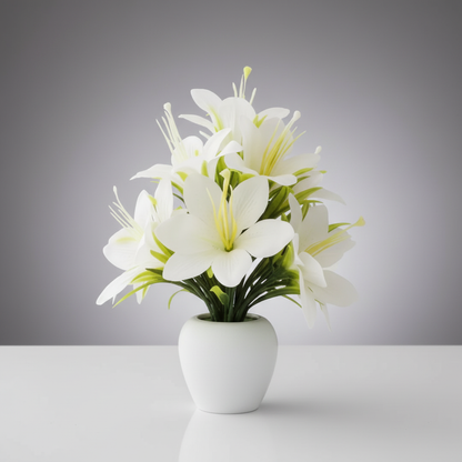Artificial Lily Plant in White Round Vase - Maintenance-Free Lifelike Silk Flowers for Living Room Decor